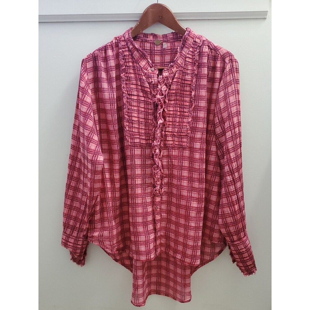 FP One Free People Plaid Miles Tuxedo Ruffle Top In Pink Combo Size Medium - Picture 2 of 10